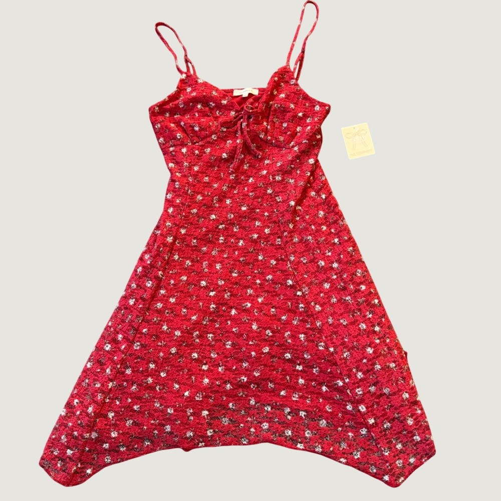 Lace Cami Dress L Floral Handkerchief Hem Red Fit & Flare NWT